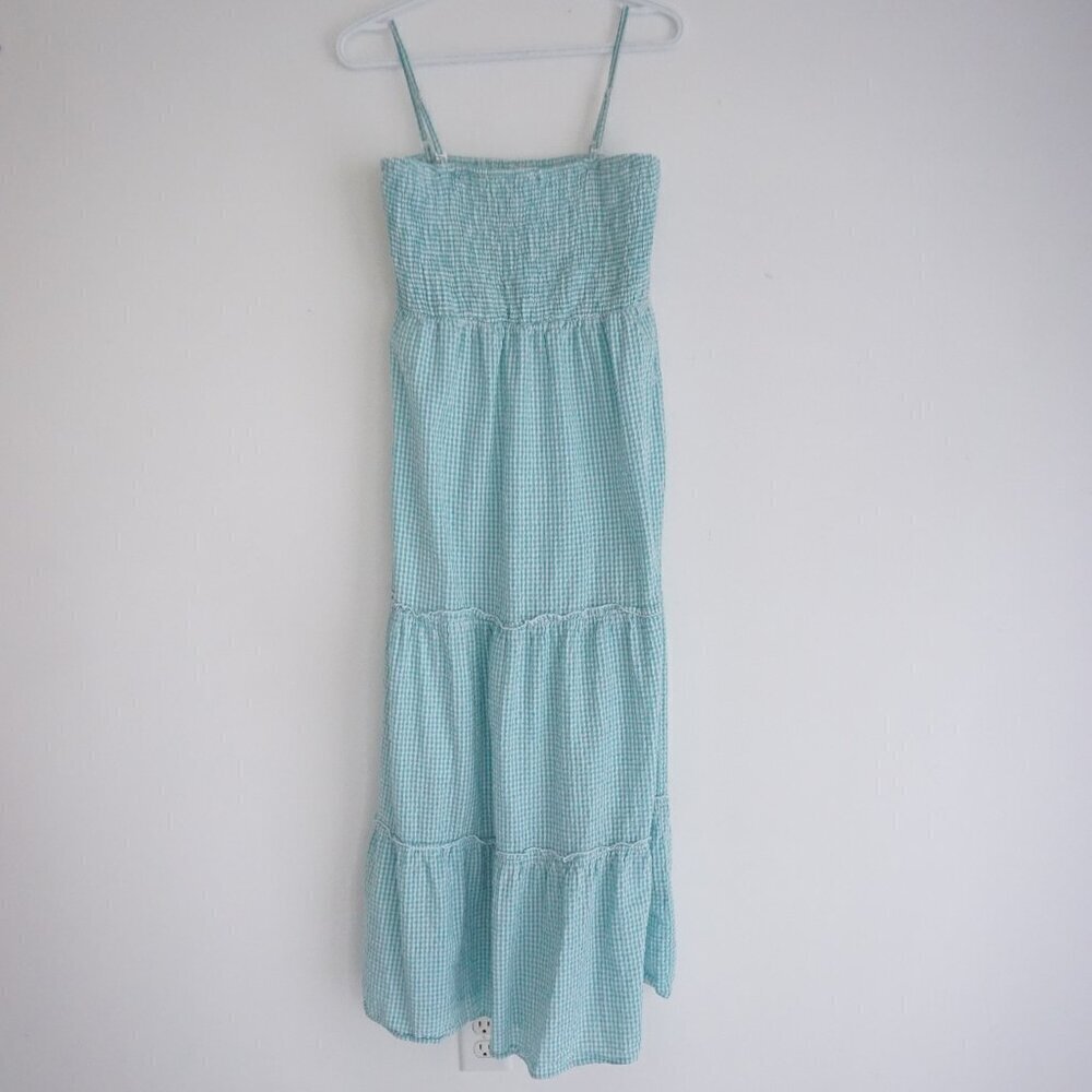 Sim & Sam Gingham Smocked Tiered Midi Dress Teal White Cottagecore L